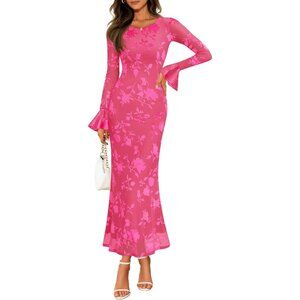 Women's Pink Bell Long Sleeve Floral Maxi Dress Spring Fashion Bodycon Mesh